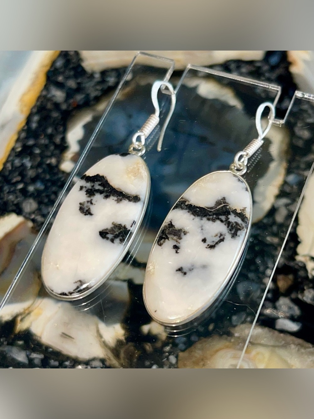 Thin White Buffalo Turquoise Earrings 2” - Picture 6 of 17